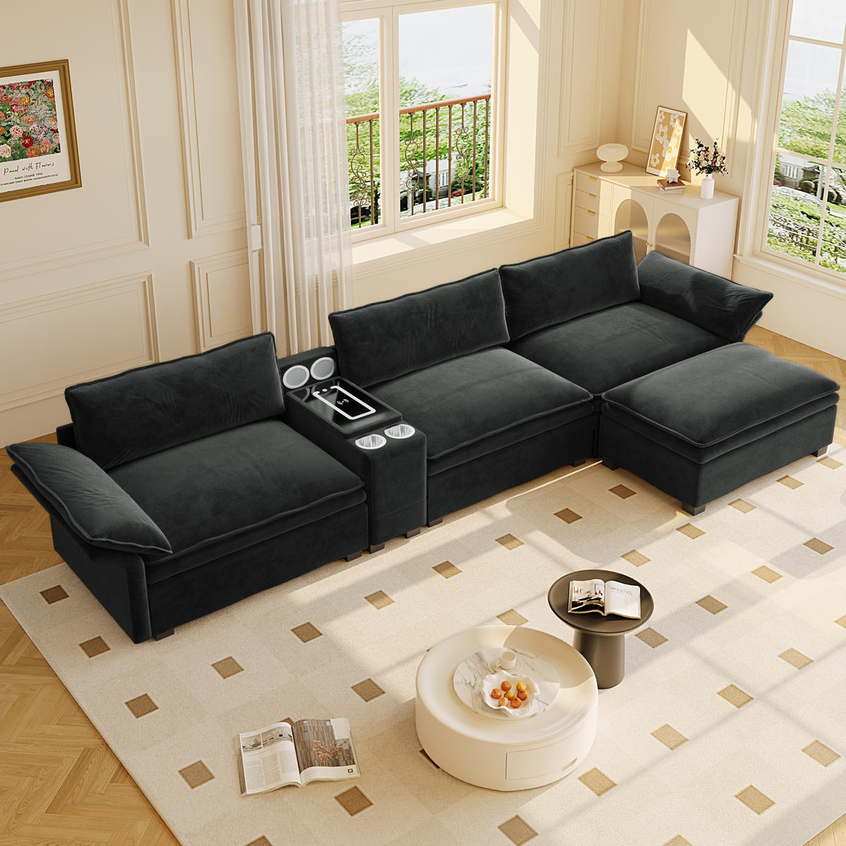 ECKSOFA 315/70/85 cm Schwarz mit Fußhocker, kabelloses Laden, Lautsprecher, Licht und 2 Getränkehalter - Schwarz, Textil (315/70cm) - Oxeza