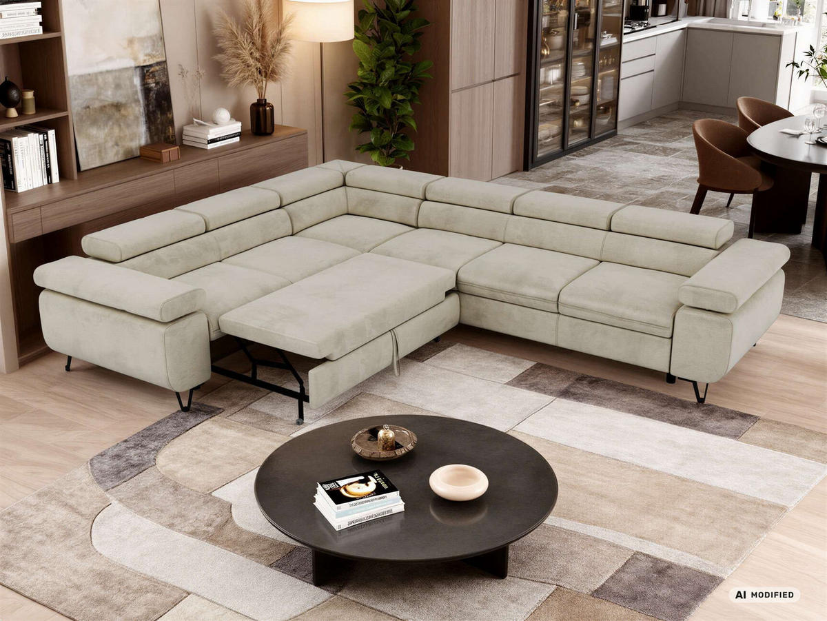 ECKSOFA NORDEN L - Beige Velvet - Rechts Seite - Beige/Schwarz, Textil/Metall (329/269cm) - MKS