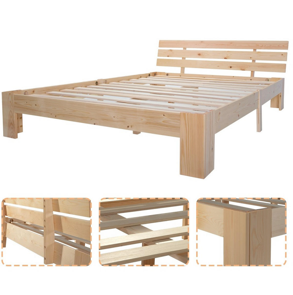 HOLZBETT 140/200 cm mit Kopfteil aus Massivholz Kiefer – inkl. Lattenrost - Naturfarben, Holz (140/200cm) - BEAOK