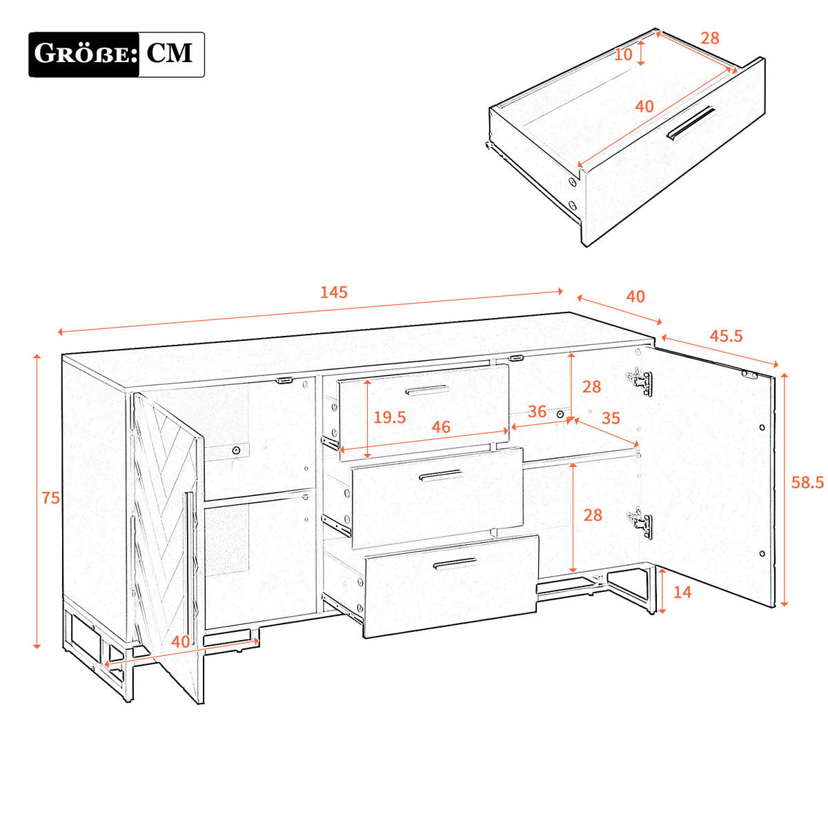 SIDEBOARD mit 2 Türen und 3 Schubladen in Weiß – modernes Design mit Fischgrätenmuster - Weiß, Holzwerkstoff (145/75/40cm) - BEAOK