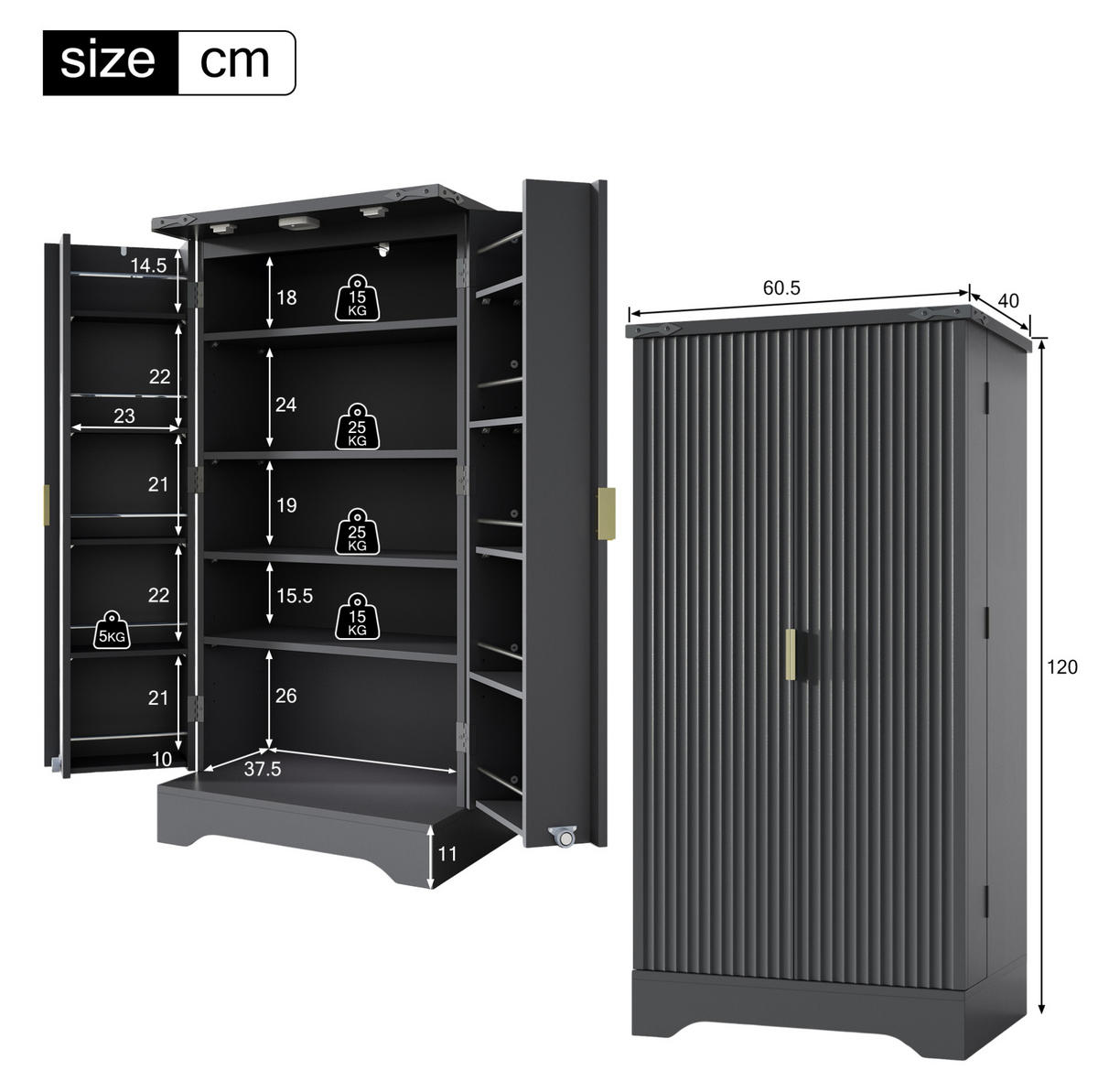HOCHSCHRANK 120/60,5/40 cm mit LED-Sensorlicht, verstellbaren Böden und MDF-Front, Schwarz - Schwarz, Holzwerkstoff (60.5/120/40cm) - Redom
