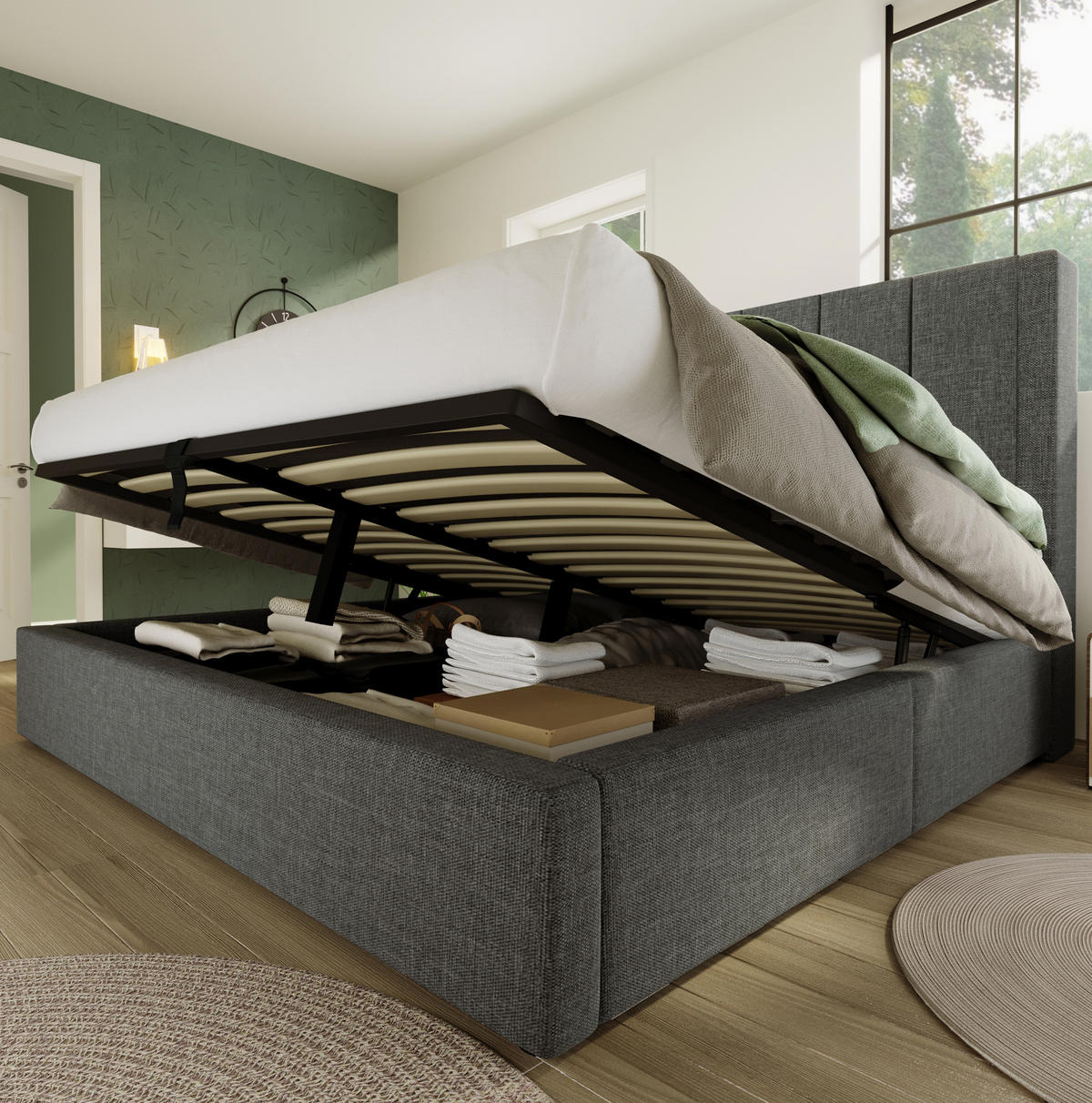 POLSTERBETT 180/200 cm Grau aus Leinen mit Stauraum und USB-Ladestation - Grau, Textil (180/200cm) - OKWISH