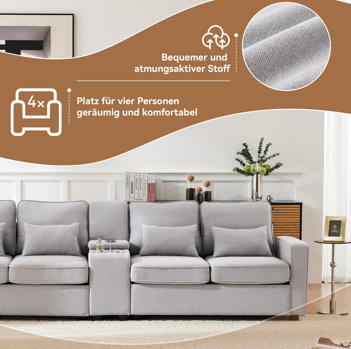 4-SITZER Sofa 290/88/83 cm Grau aus Leinen mit USB-Anschluss und Getränkehaltern - Hellgrau, Textil (83/88/290cm) - OKMYHOME