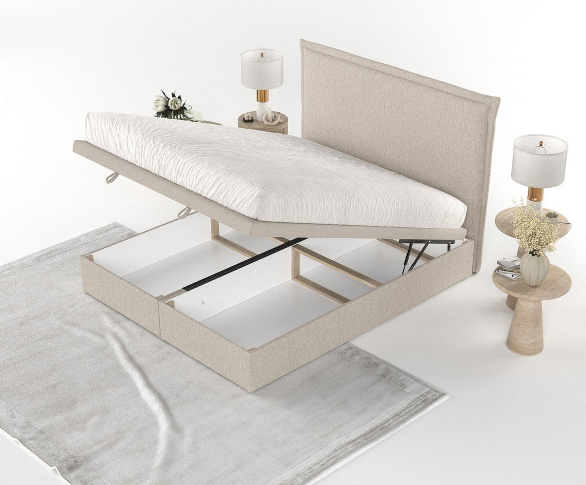 POLSTERBETT Eliot mit Stauraum 140/200 cm Hellbeige im Megan Stoff - Sandfarben/Schwarz, Holz/Holzwerkstoff (140/200cm) - AltaBeds
