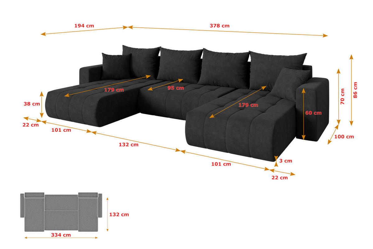 SEDACÍ SOUPRAVA DO U s funkcí spaní a úložným prostorem MILA-U 378x194x86 černá velur - černá, kompozitní dřevo/textil (378/86/194cm) - ALTDECOR