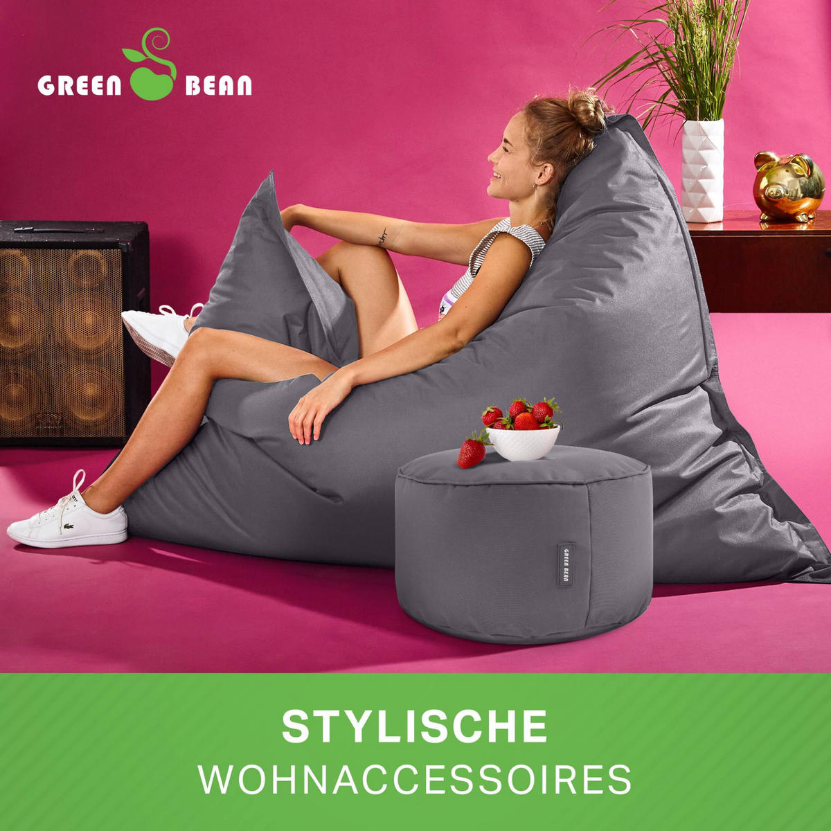 XXL-SITZSACK + Pouf 2er Set - 140x180cm - Anthrazit, Textil (140/25/180cm) - Green Bean