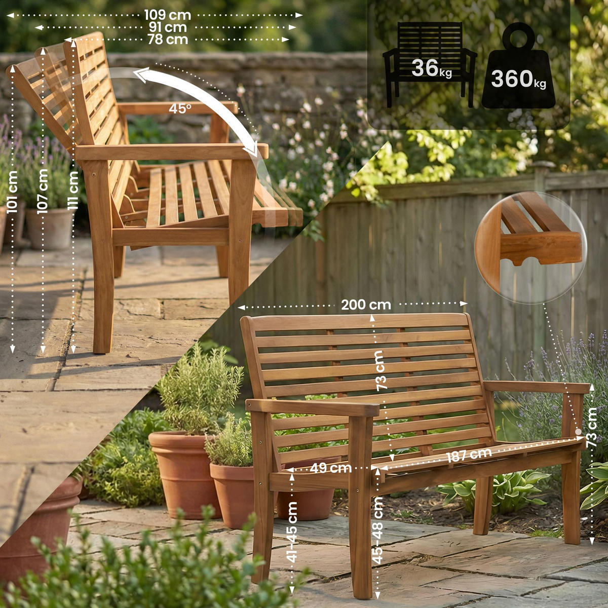 TEAKBANK Peter Liegefunktion 200x78x111cm Teakholz Teak Gartenbank - Teakfarben, Holz (200/111/78cm) - DELUKE