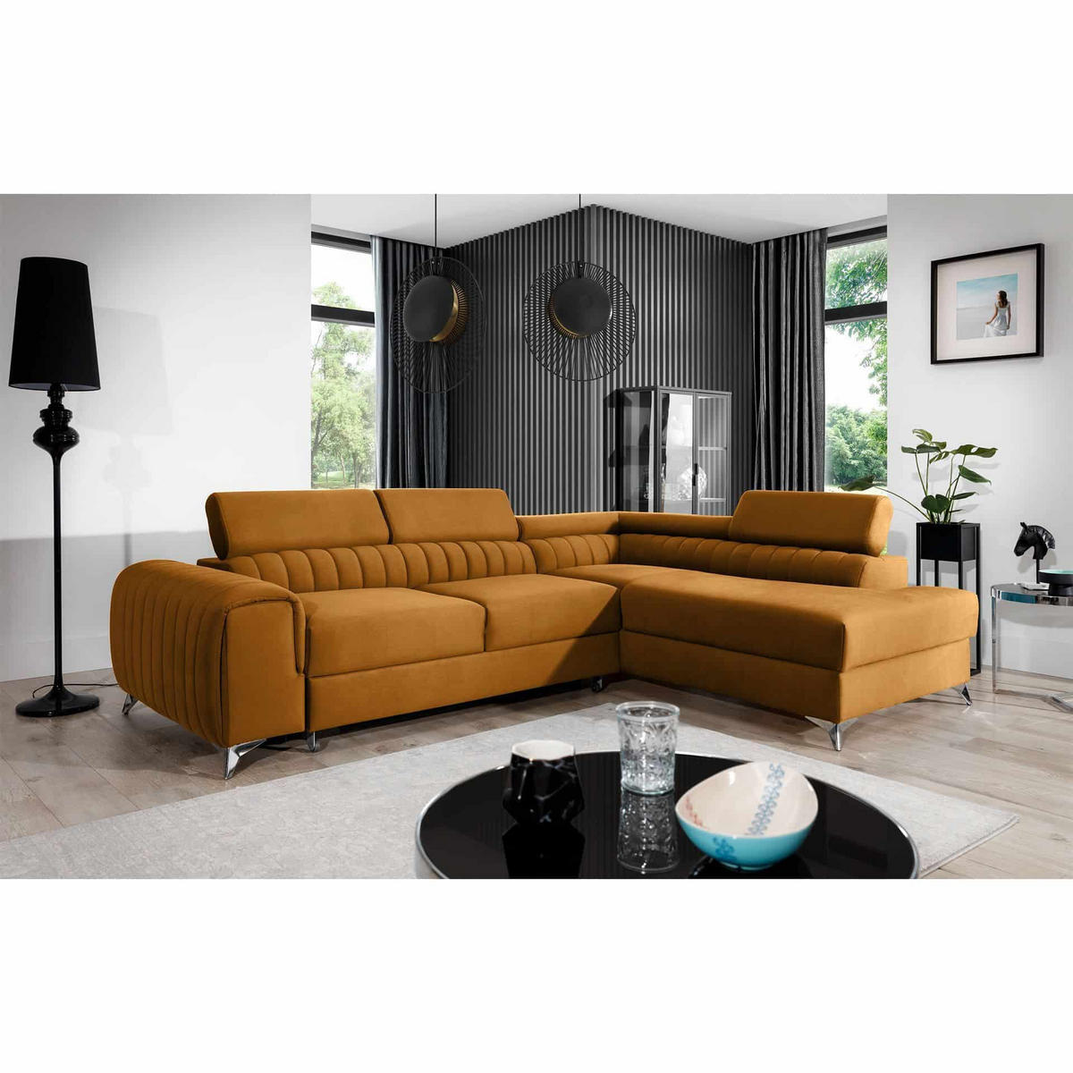 ECKSOFA mit Schlaffunktion und Bettkasten, wasserabweisender Monolith-Stoff - Gelb/Silberfarben, Textil/Metall (205/275cm) - Eltap