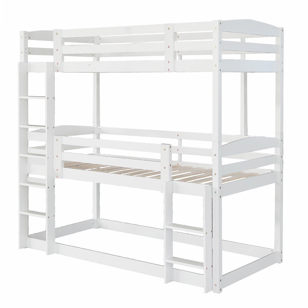 ETAGENBETT Dreifaches 90/200 cm weiß aus Kiefernholz mit Sicherheitsdesign - Weiß, Holz (90/200cm) - OKWISH