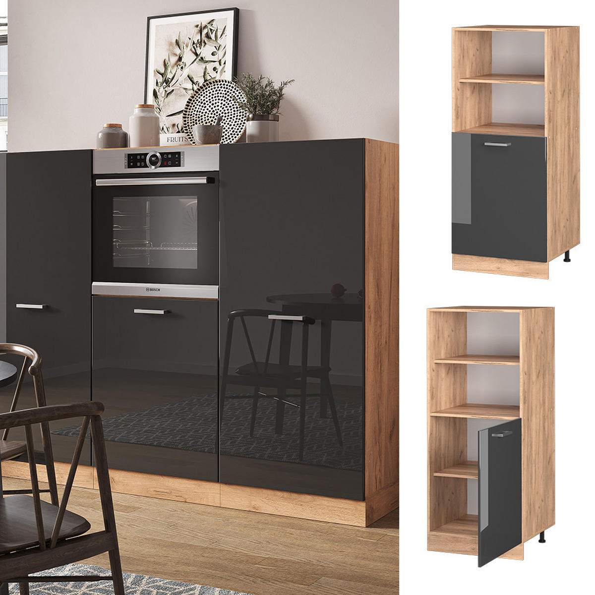 HERDUMBAUSCHRANK R-Line Anthrazit Hochglanz 60 cm - Honigeiche/Schwarz Hochglanz, Holzwerkstoff (60/143/57cm) - Vicco