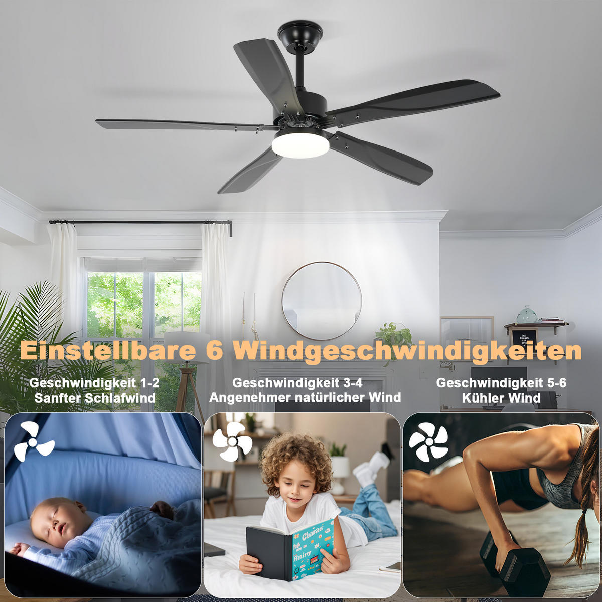 DECKENVENTILATOR Qyren 125/125/42 cm - Schwarz, Metall (125/125/42cm) - ZMH