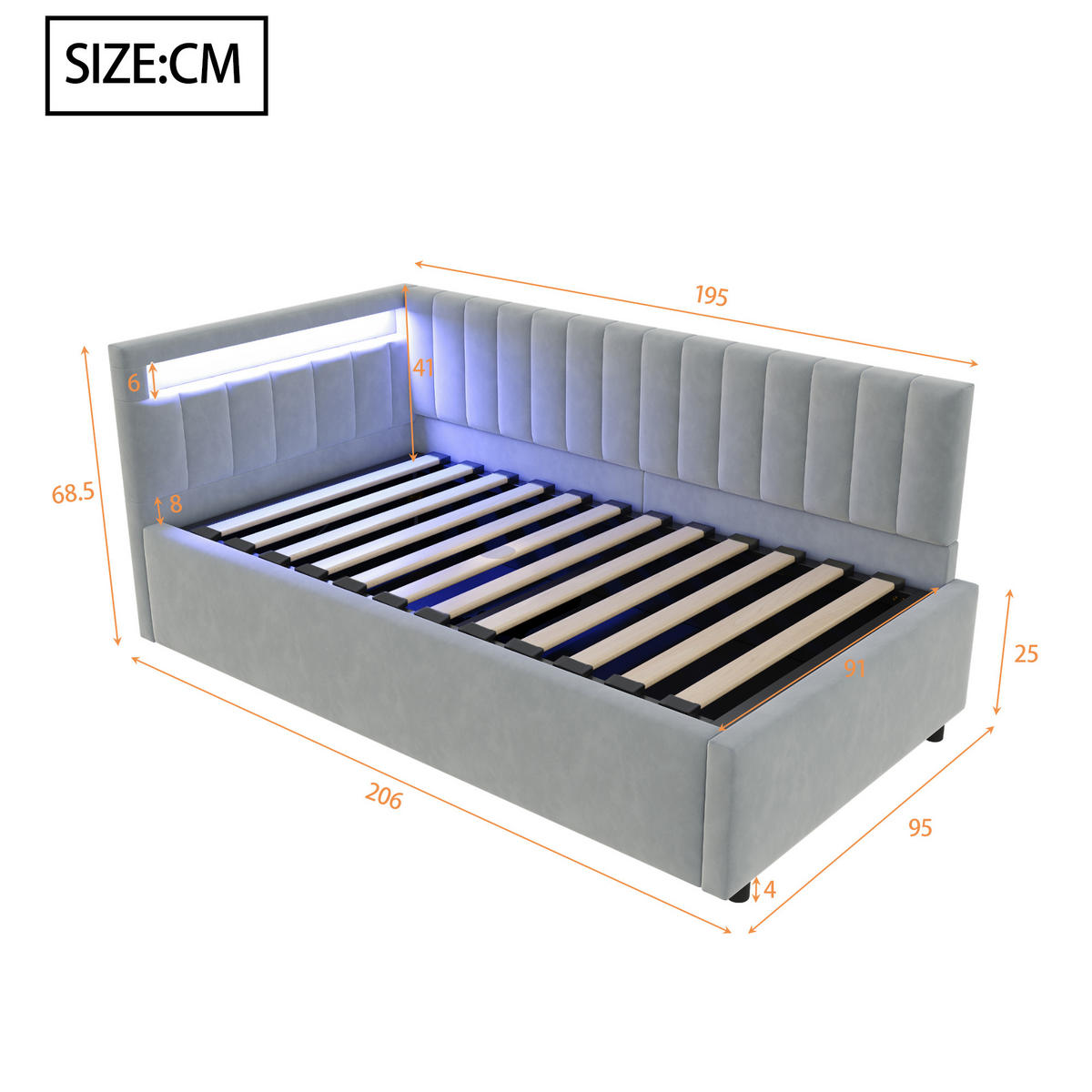 POLSTERBETT 90/200 cm hellgrau aus Samt mit LED und hydraulischem Stauraum - Hellgrau, Textil (90/200cm) - OKWISH