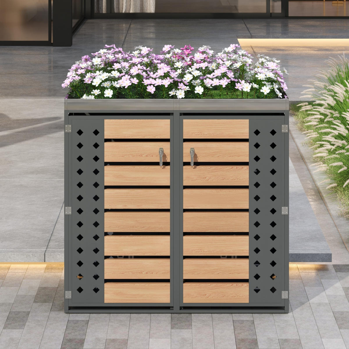 MÜLLTONNENBOX 2 Türen Holzoptik Pflanzfläche - Grau, Metall (132/124.58/80cm) - LEBENLANG
