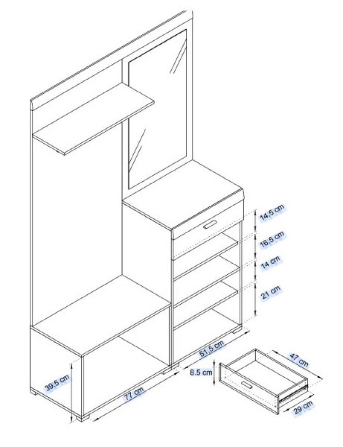 GARDEROBE Weiß Riviera Eiche Stillo Mit Spiegel Mit Regalen - Multicolor, Holzwerkstoff (135/197/34cm) - Sepro Meble