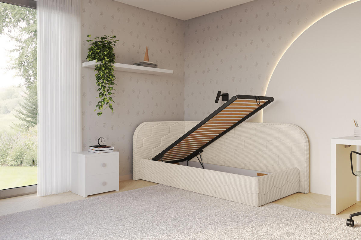 EINZELLBETT Jugendbett mit Bettkasten und Matratze H3/H4, Rechts - JAXY 90x200 Beige - Kaschmir, Holzwerkstoff/Textil (90/200cm) - ALTDECOR