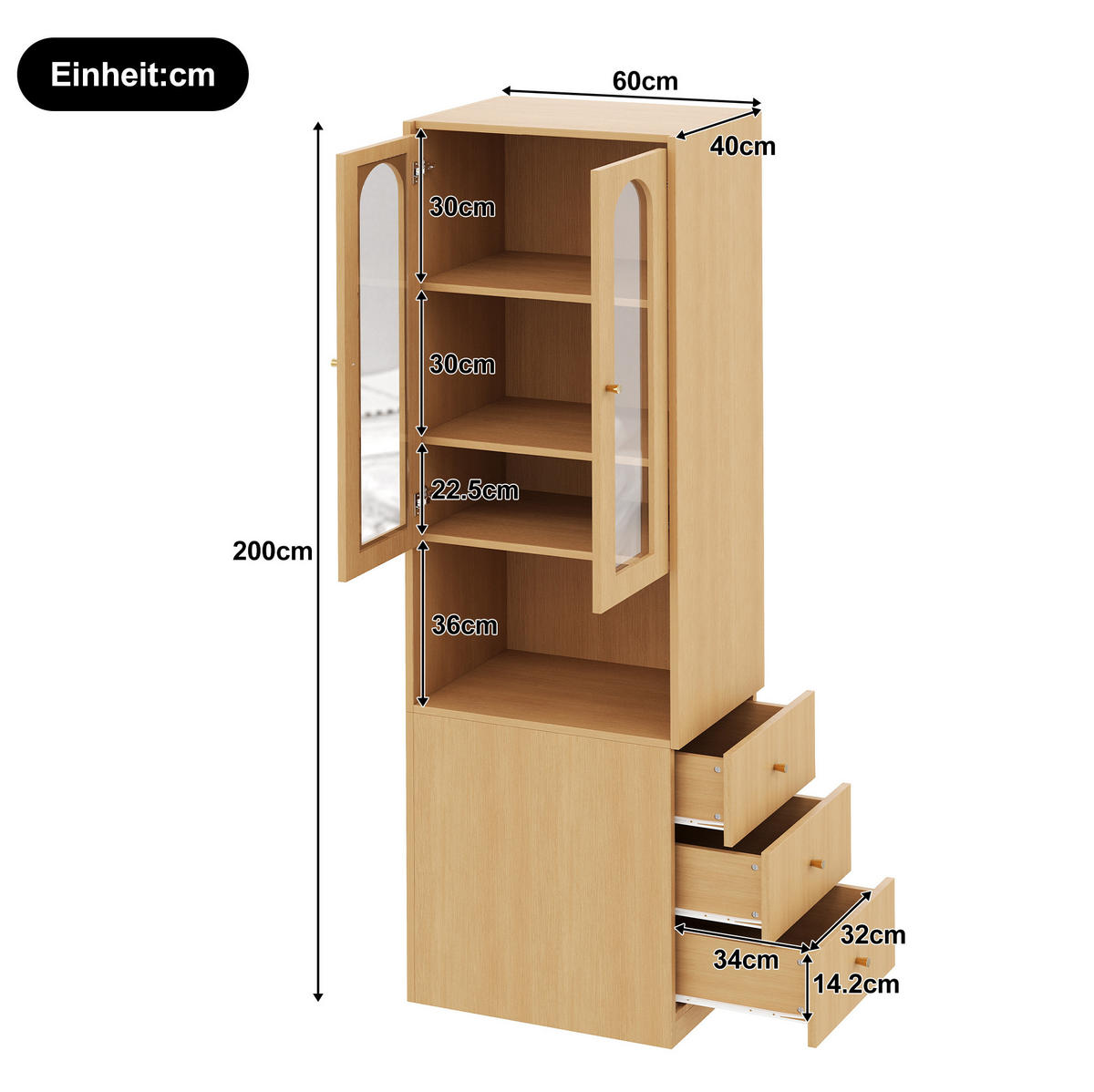 KNIHOVNA z MDF 60x40x200 cm v dekoru dubu s LED vitrínou z tvrzeného skla a bočními zásuvkami - barva dubu, kompozitní dřevo (60/200/40cm) - Modfu