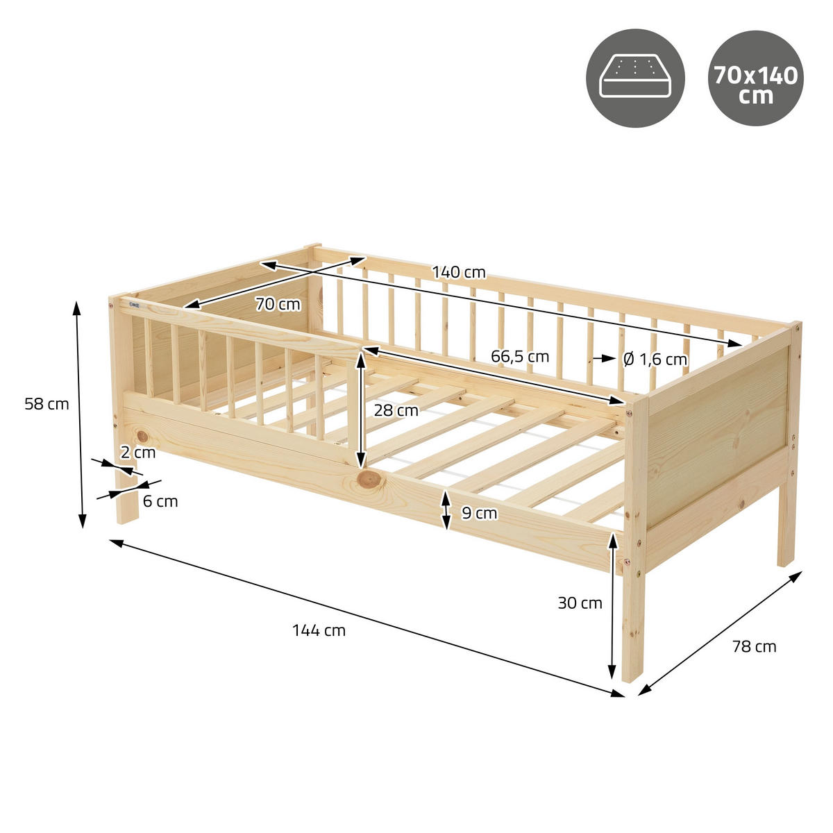 KINDERBETT 70x140 cm Natur - Naturfarben, Holzwerkstoff - ML-DESIGN
