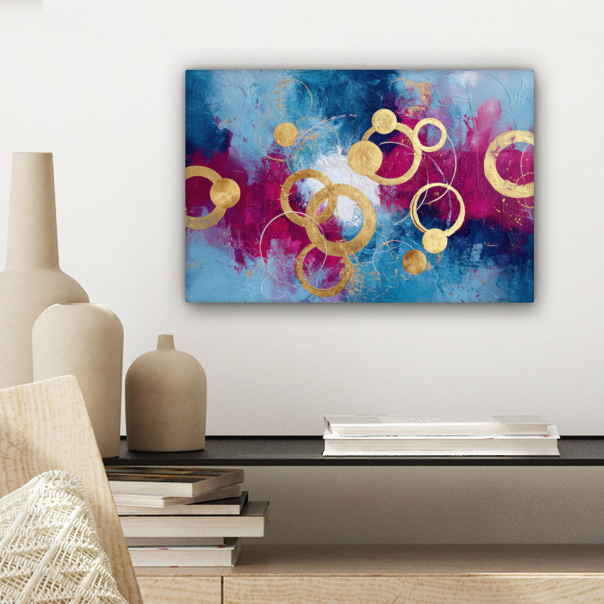 LEINWANDBILD Kreise - Gold - Abstrakt Deko Schlafzimmer 30x20 cm - Blau, Textil (30/20cm) - MuchoWow