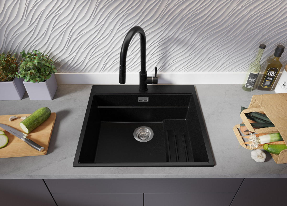 SPÜLBECKEN Oslo Max, 2-er set Alles Schwarz 58/53 cm 1 Becken + Ablauf-Set + Küchenzubehörset ab 60er Unterschrank - Schwarz, Kunststoff (58/20/53cm) - Primagran