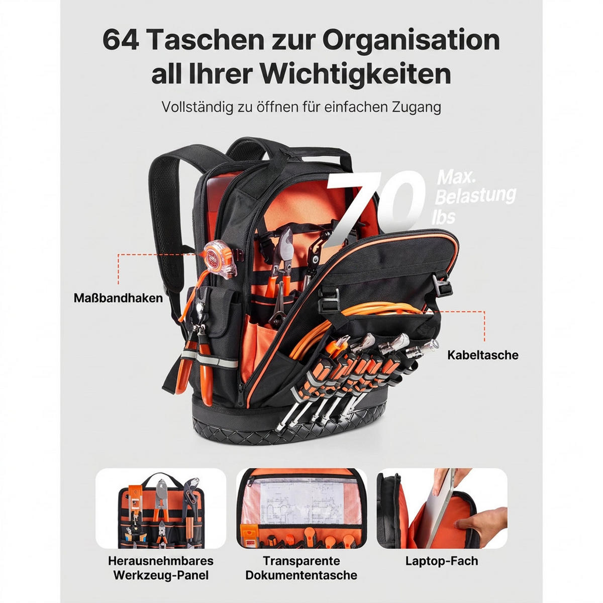 WERKZEUGTASCHE 64 Fächer Laptopfach Hartboden für Elektriker Handwerker - Schwarz, Metall (10/10/10cm) - Raelunyi