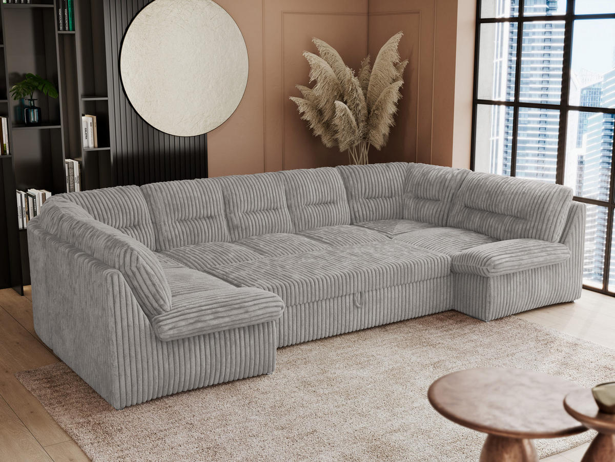 WOHNLANDSCHAFT COMODO U Hellgrau Cord - Silberfarben/Hellgrau, Textil/Metall (340/93/206cm) - MKS