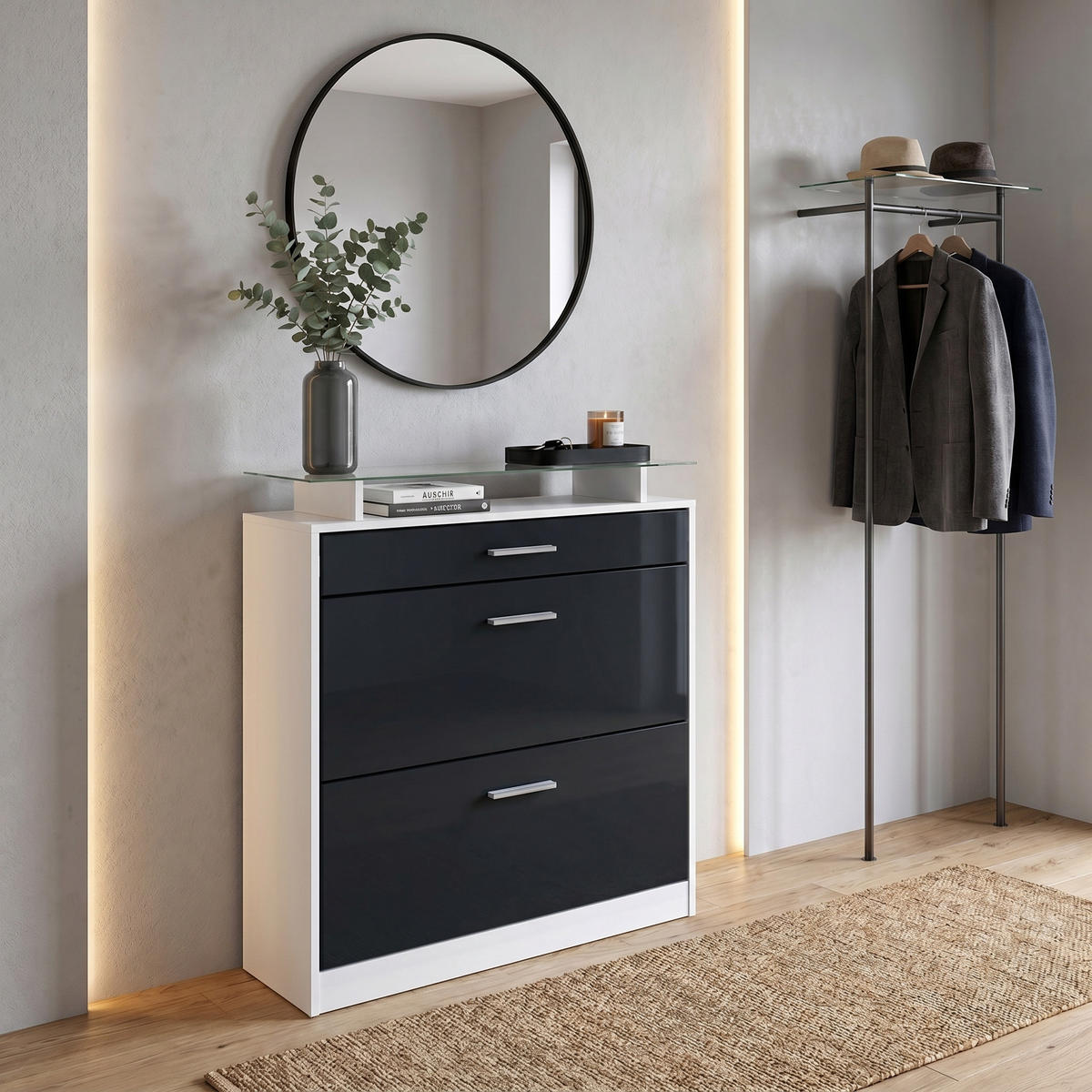SCHUHSCHRANK Loret Front in Schwarz matt - Schwarz, Holzwerkstoff (89/104/23cm) - Vladon