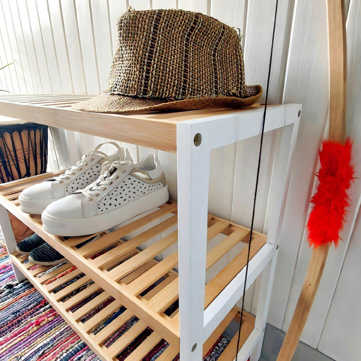 SCHUHREGAL Bambus Weiß Naturfarben 55x70x26 cm - Naturfarben/Weiß, Holz (70/55/26cm) - Begryf