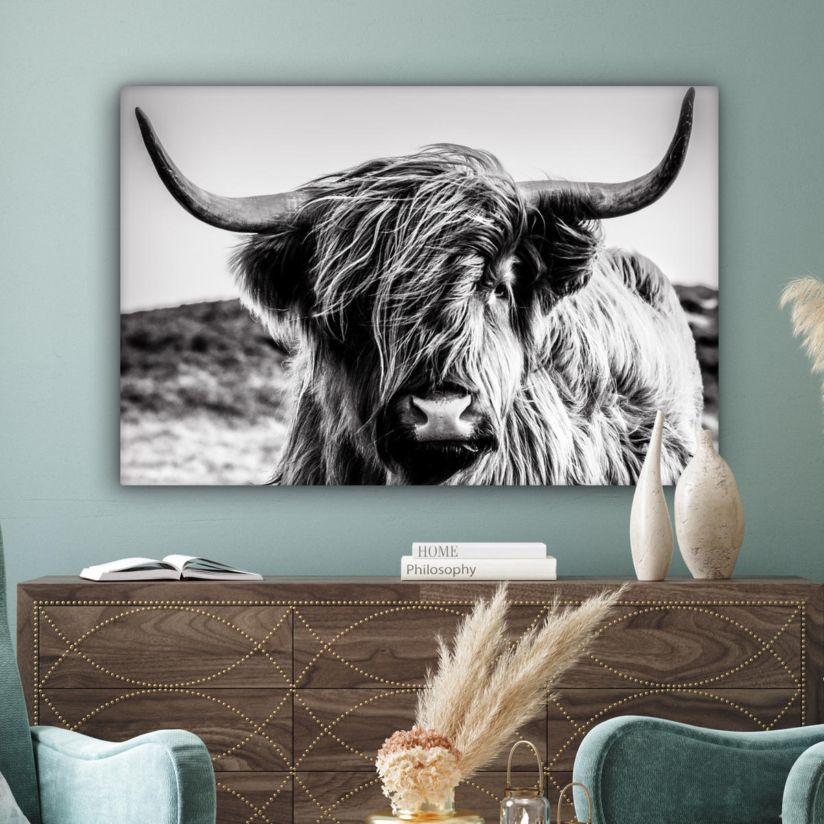LEINWANDBILD Kuh - Schottischer Hochländer - Schwarz - Weiß - Tier - Natur - Wildtiere XXL 150x100 cm - Schwarz, Textil (150/100cm) - MuchoWow