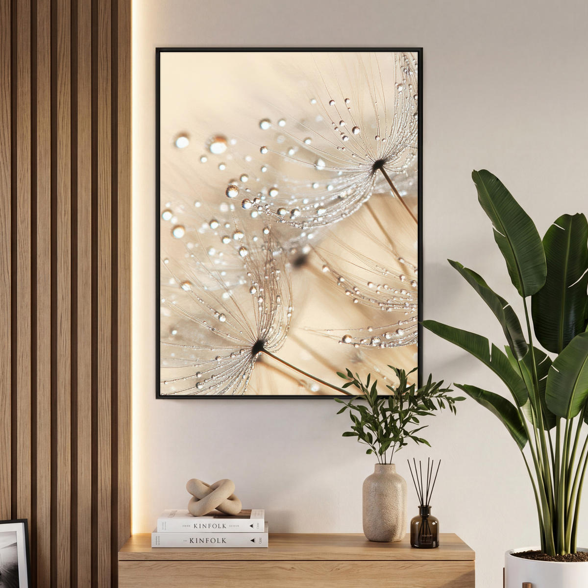 LEINWAND Bilder mit Rahmen - Löwenzahn - Abstrakt - Natur - Beige - 70x100 - Braun, Textil (70/100cm) - MuchoWow
