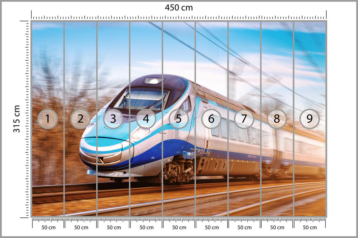 FOTOTAPETE für Wohnzimmer Moderner Zug Eisenbahnschienen 450x315 - Blau/Schwarz, Papier (450/315cm) - Muralo