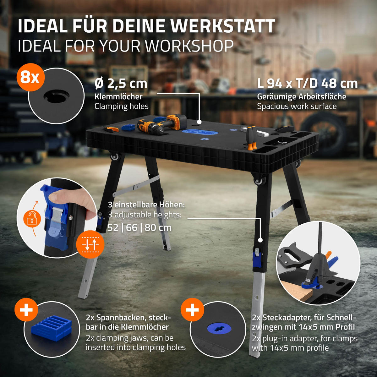WERKBANK 5-in-1 - Schwarz, Kunststoff (100.5/80/72cm) - ECD-Germany