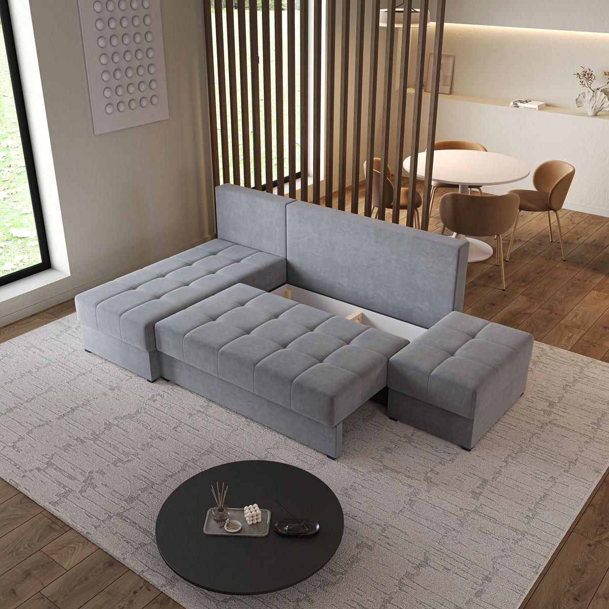 ECKSOFA NORVI Grau Plüsch-Stoff mit Schlaffunktion - Grau, Holz (251/143cm) - MASSENO