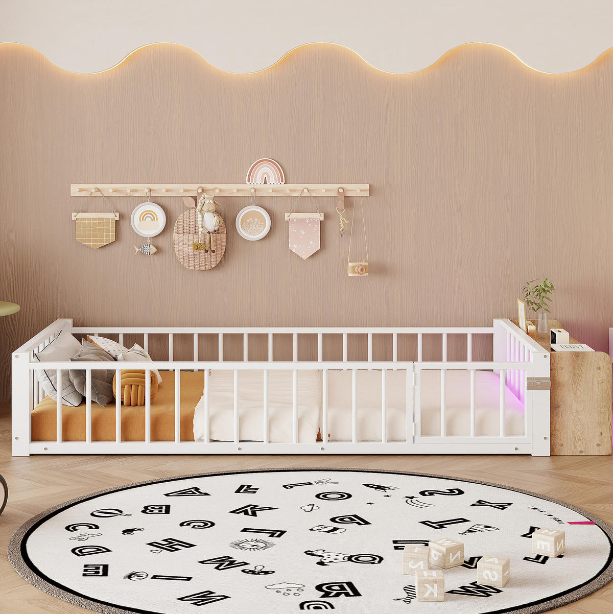 KINDERBETT aus Metall und MDF 90x200 cm Weiß mit Schutzgeländer, offenem Staufach und LED-Beleuchtung - Weiß, Holzwerkstoff (90/200cm) - Modfu