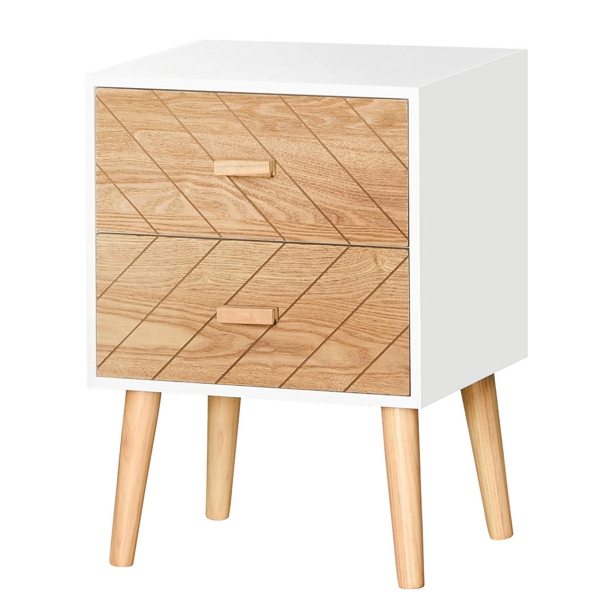 NACHTTISCH Weiß und Natur MDF und Holz mit 2 Schubladen 1er-Set - Weiß, Holz (40/55.5/30cm) - PANGIVO