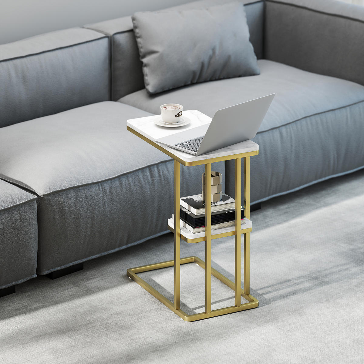 SIDOBORD i MDF och stål, vit - Vit/Guldfärgad, Träbaserade material/Plast (50/30/57.5cm) - HOMCOM