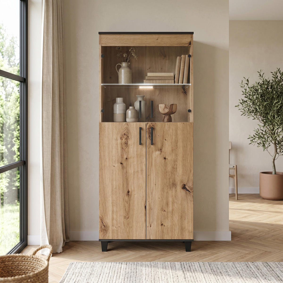 VITRINENSCHRANK CORTEZA 193 x 80 cm Eiche Artisan - Eiche Artisan, Holzwerkstoff (80/193/40cm) - MASSENO
