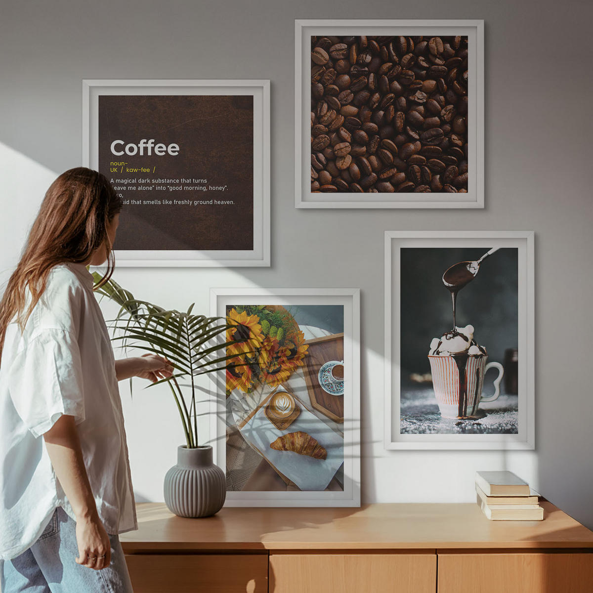 WANDBILDER 4er-Set - 50x50 cm & 40x60 cm Weißer Rahmen - Italienische Frühstückskaffeebohnen - Weiß, Kunststoff (50/50cm) - ArtPrintCave