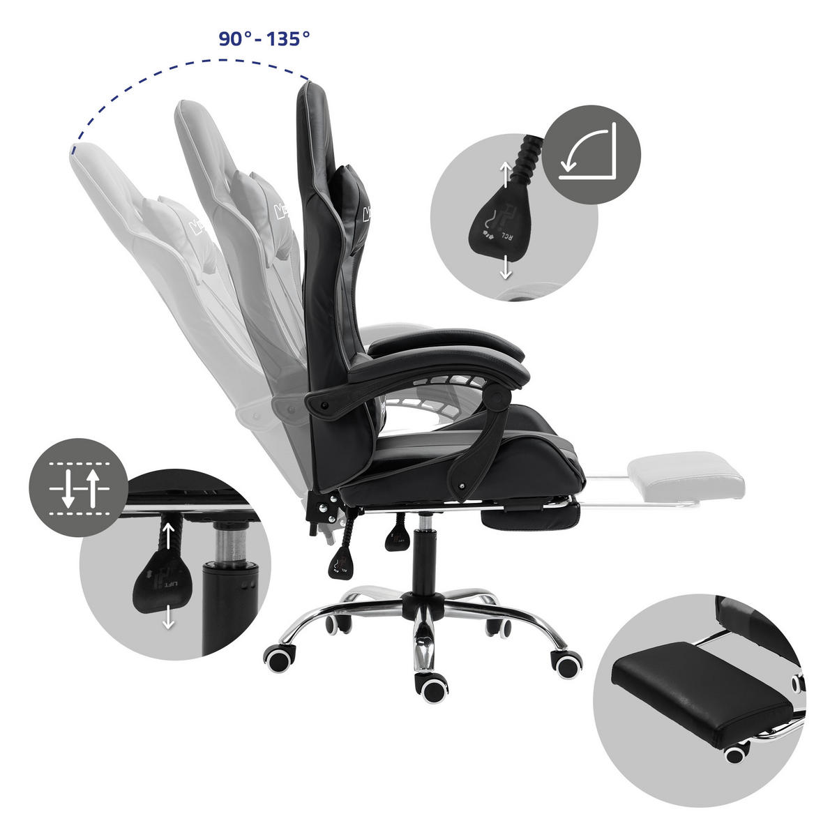 GAMING-STUHL schwarz grau - Schwarz, Metall (62/128/62cm) - ML-DESIGN