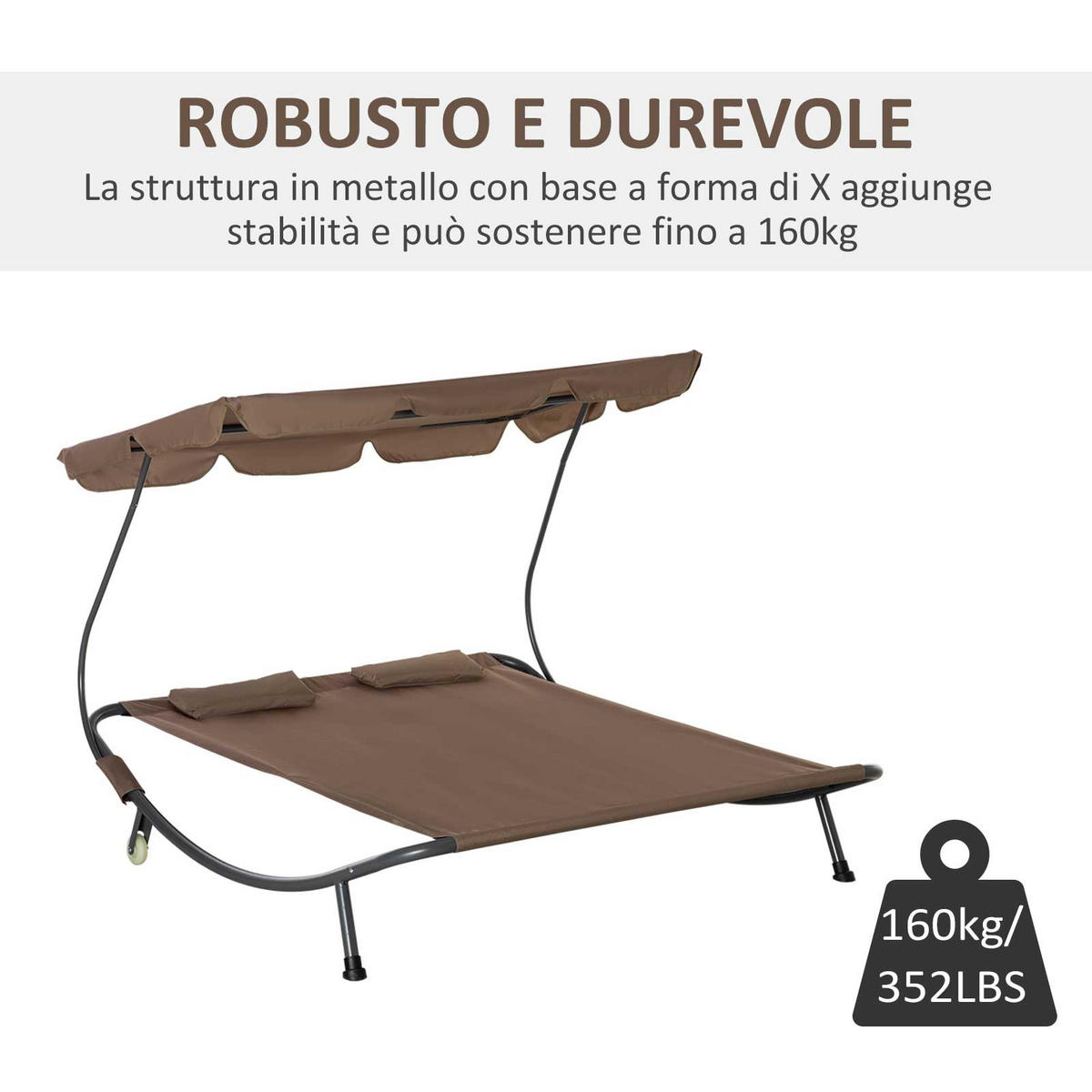 SONNENLIEGE Doppelte 2-Sitzer-Sonnenliege mit verstellbarem Sonnenschirm 200 x 175 x 134 cm ,Braun - Braun, Metall (175/134/200cm) - Vallsero