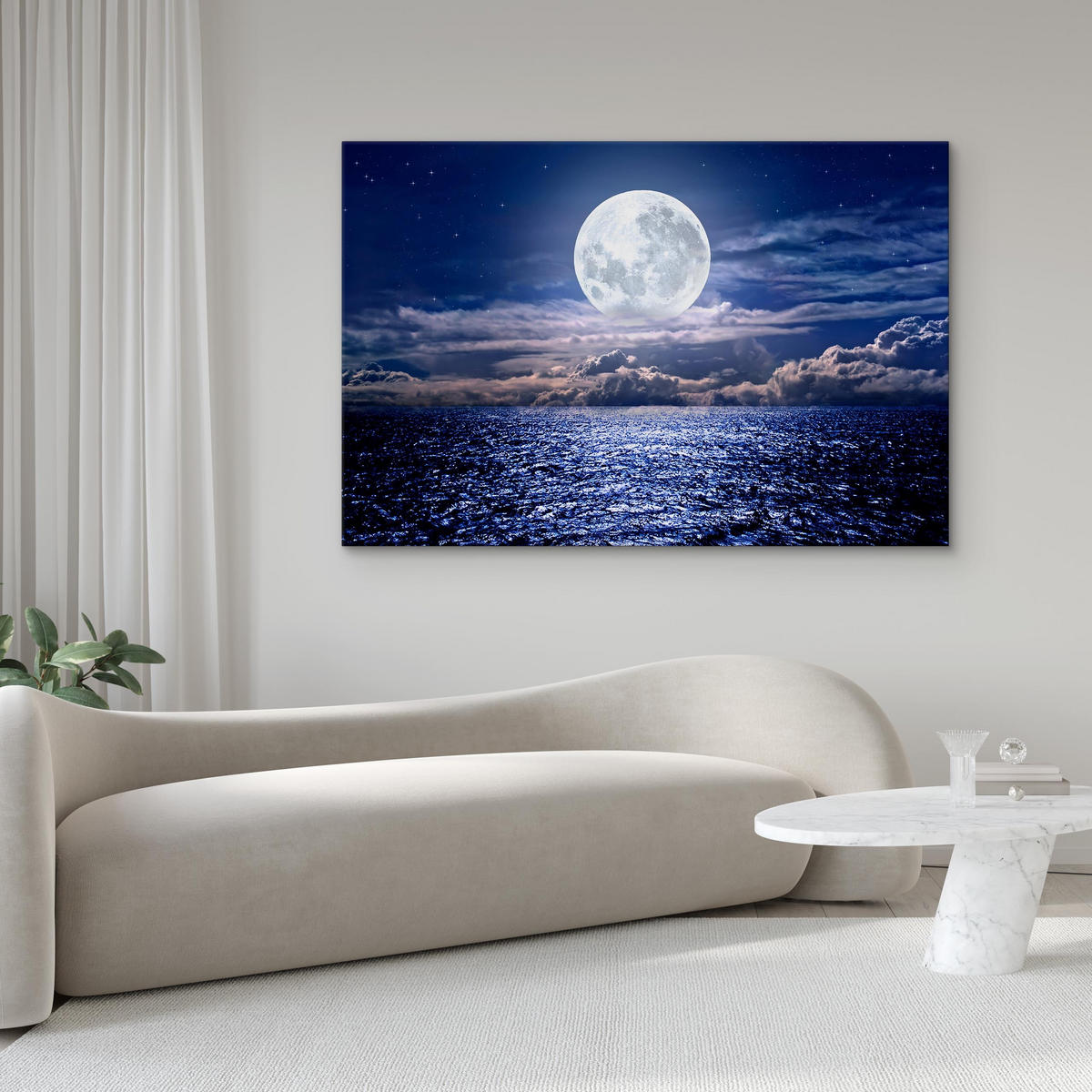 LEINWANDBILD Vollmond am Meer Landschaft 3D 120x80cm - Blau/Weiß, Textil (120/80cm) - Muralo
