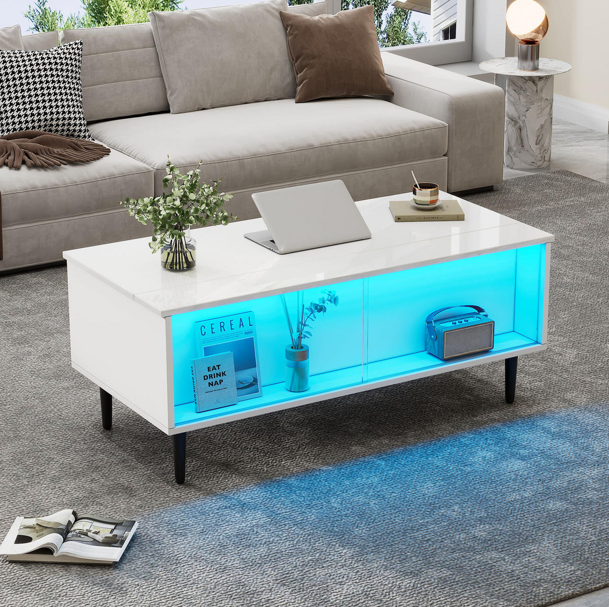 COUCHTISCH höhenverstellbar 105 x 50 x 43 cm Weiß mit LED und Stauraum - Weiß, Holzwerkstoff (105/50/43cm) - Meubliv