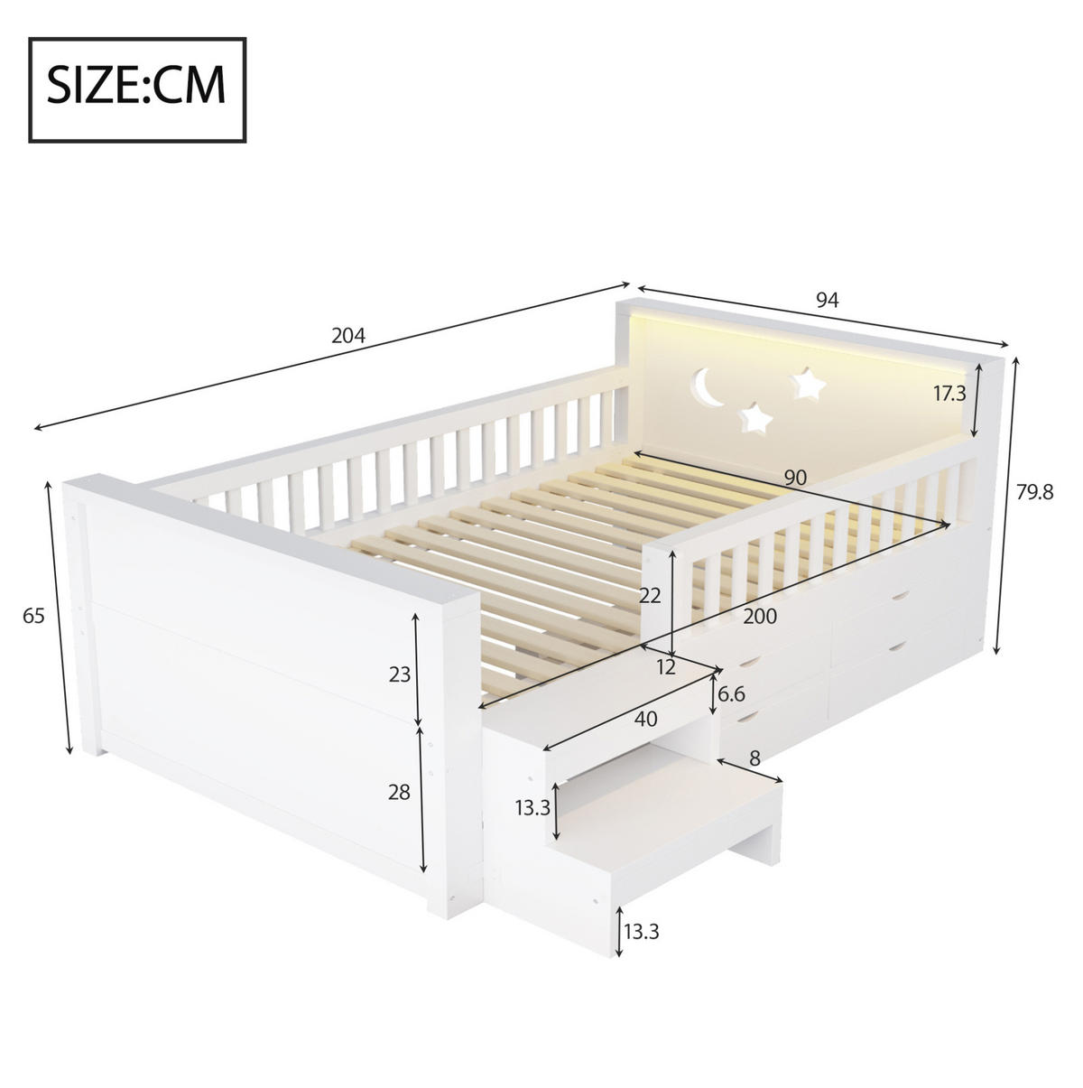 KINDERBETT Holz 90x200 cm Weiß mit LED, Sicherheitsgitter, Stufen und 4 Schubladen - Weiß, Holz (90/200cm) - Modfu