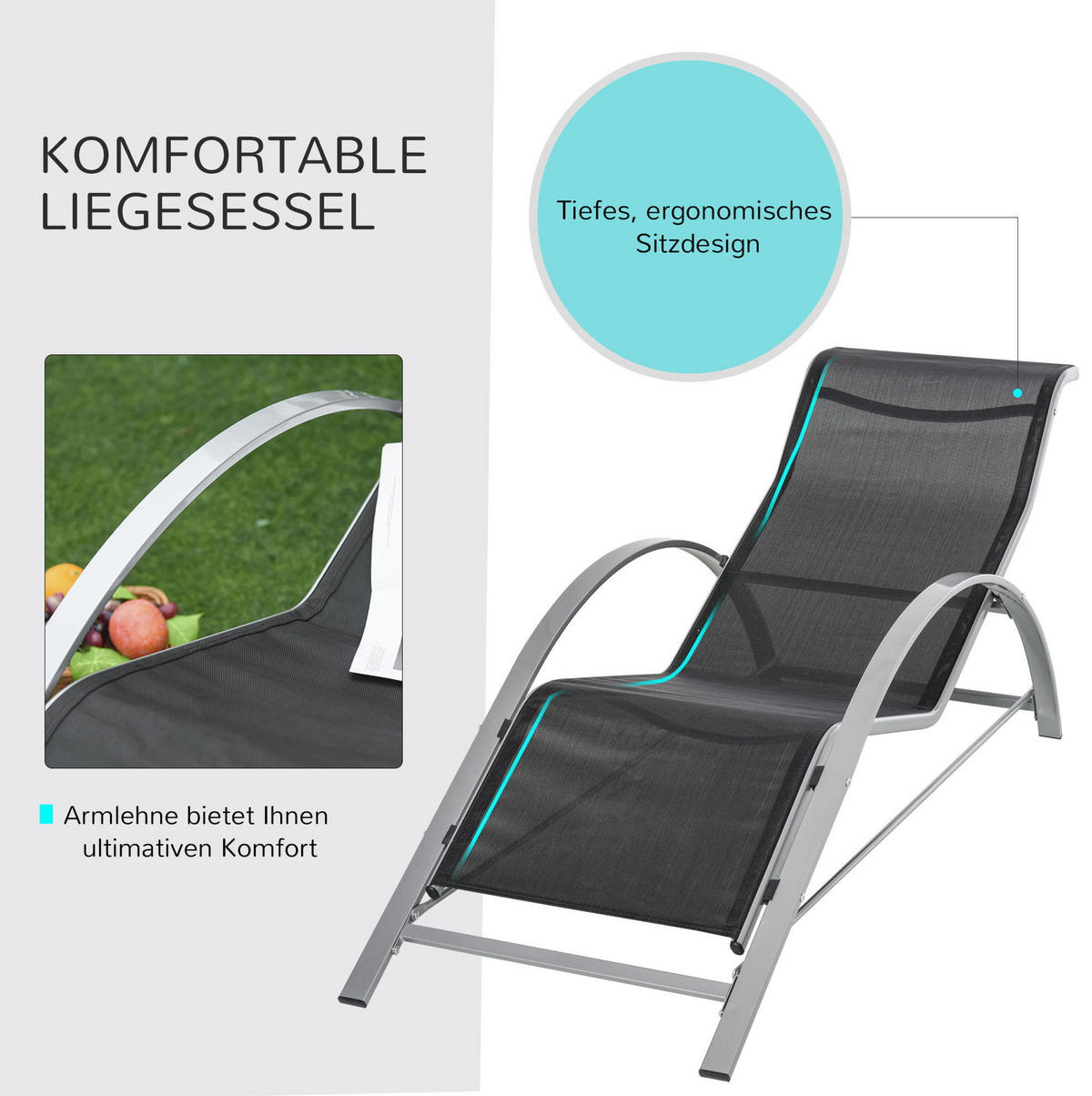 GARTENLIEGEN-SET 169/59/66 cm schwarz aus Metall 3-teilig mit Tisch - Schwarz, Metall - OKWISH