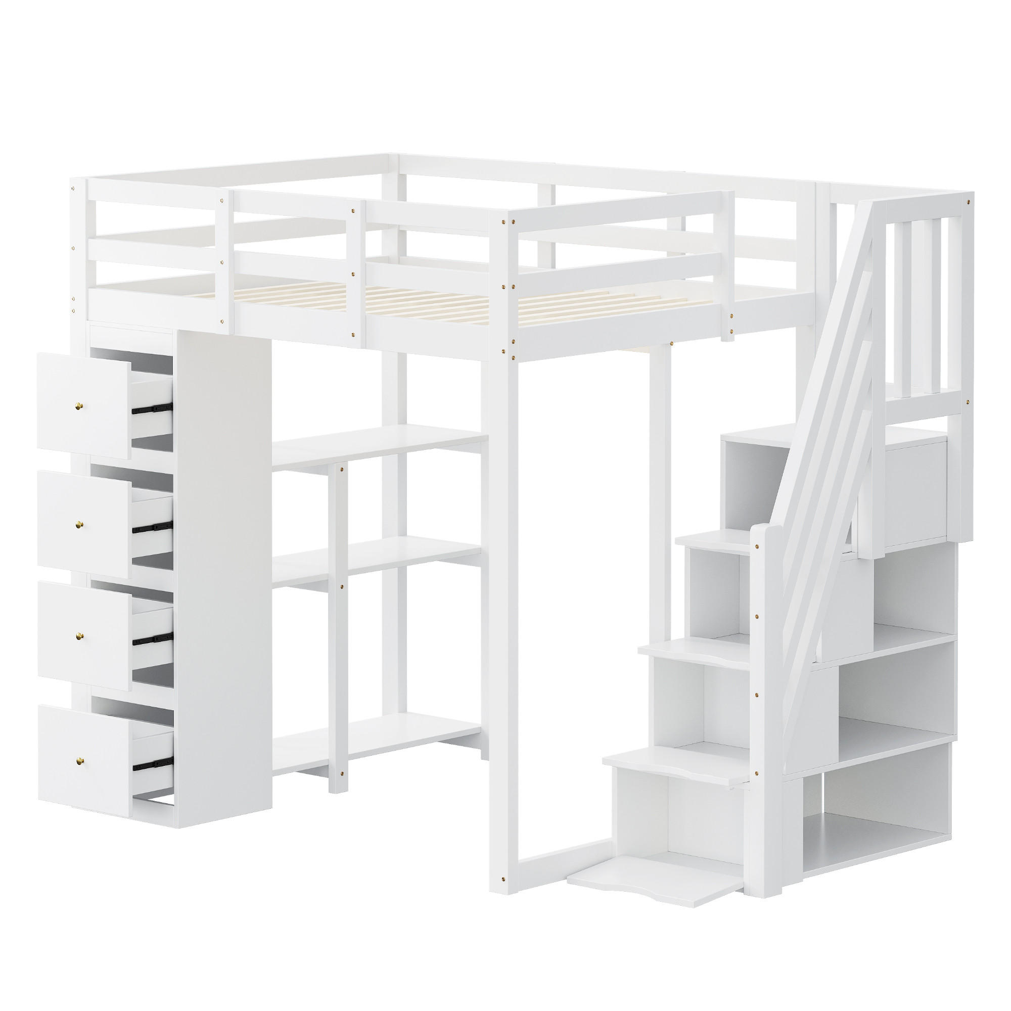 HOCHBETT 140/200 cm DE-01328, in Weiß, mit 4 Schubladen, Regalen und Stauraumleiter - Weiß, Holz (90/200cm) - ComfortXL