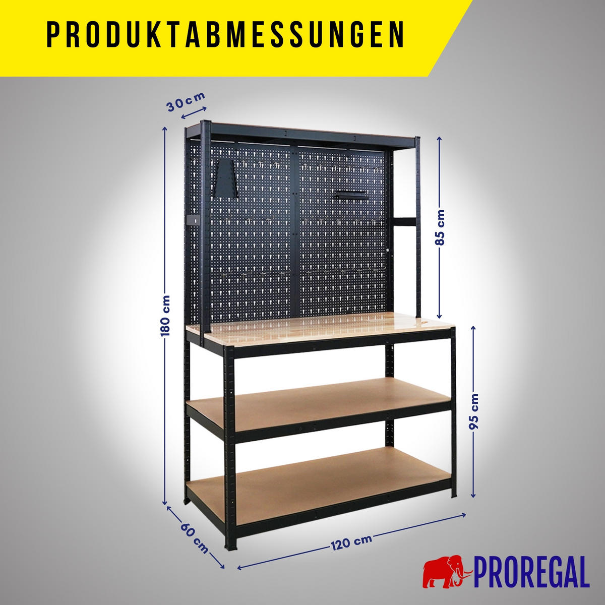 WERKBANK Giant Beast mit Lochwand 180x120x60 cm Fachlast 175 kg Schwarz - Schwarz, Metall (120/180/60cm) - PROREGAL
