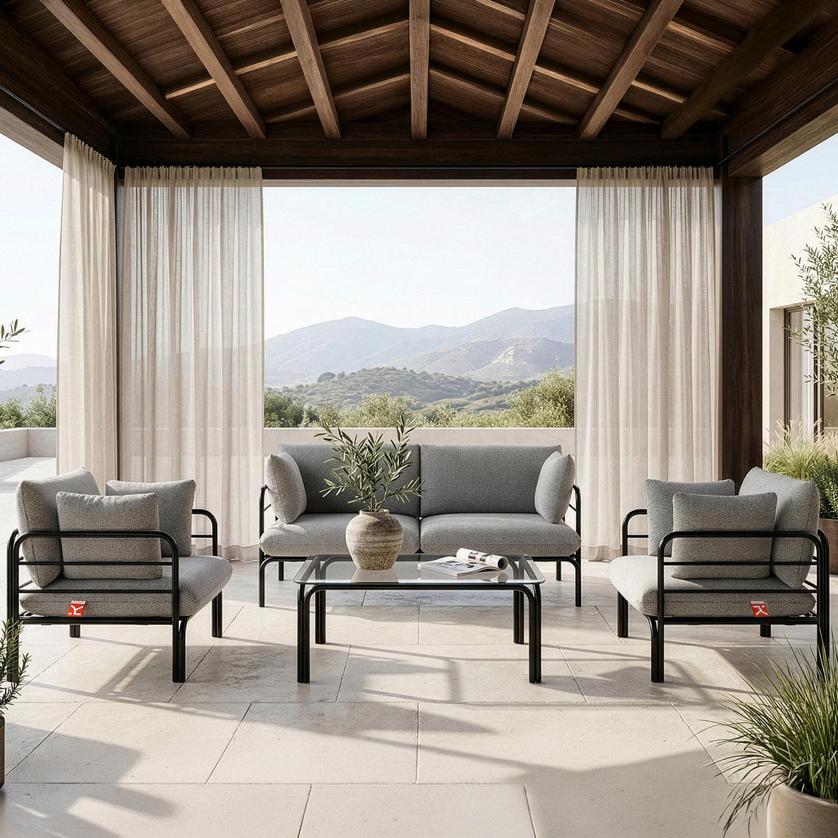 GARTENMÖBELSET RAMBE 4-tlg. 1x Tisch 2x Sessel 1x Sofa 2-Sitzer, mit Kissen, LOFT-STIL, Anthrazit - Anthrazit/Schwarz, Glas/Textil - KONSIMO®