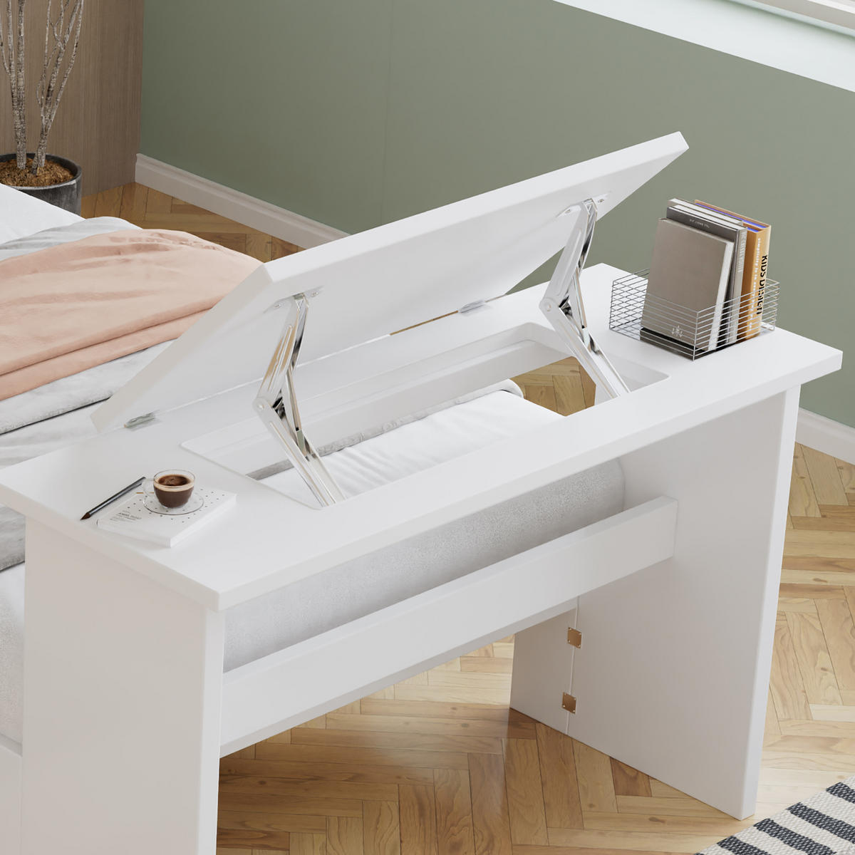 JUGENDBETT 90/200 cm in Weiß mit Stauraum, Kopfteilregal und Klapptisch aus Holz - Weiß, Holzwerkstoff - STILVORA