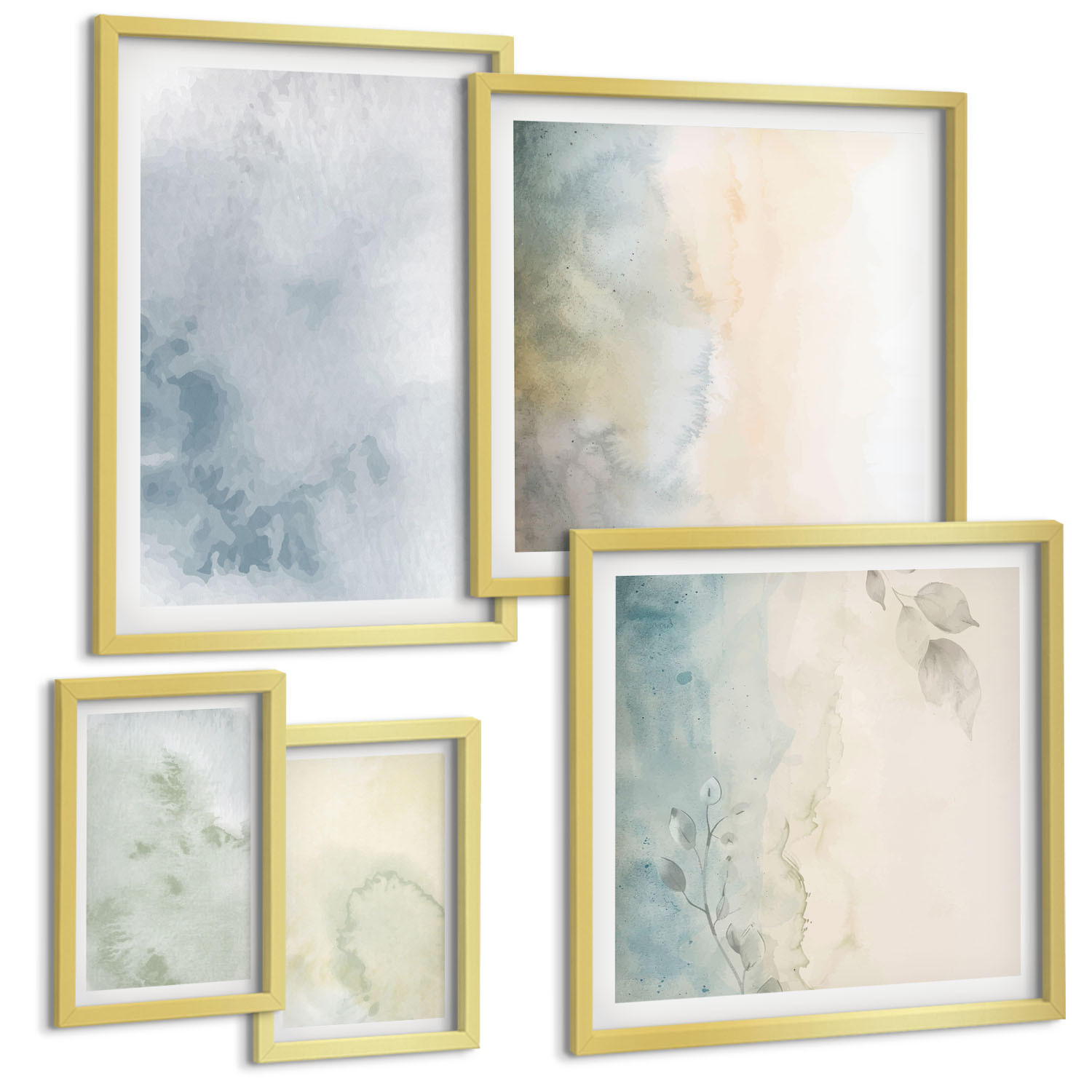 BILDER SET 5er Set - 50x50 cm & 20x30 cm & 40x60 cm Goldrahmen - Pastellfarbene Aquarell-Leinwandtextur - Goldfarben, Kunststoff (40/60cm) - TULUP