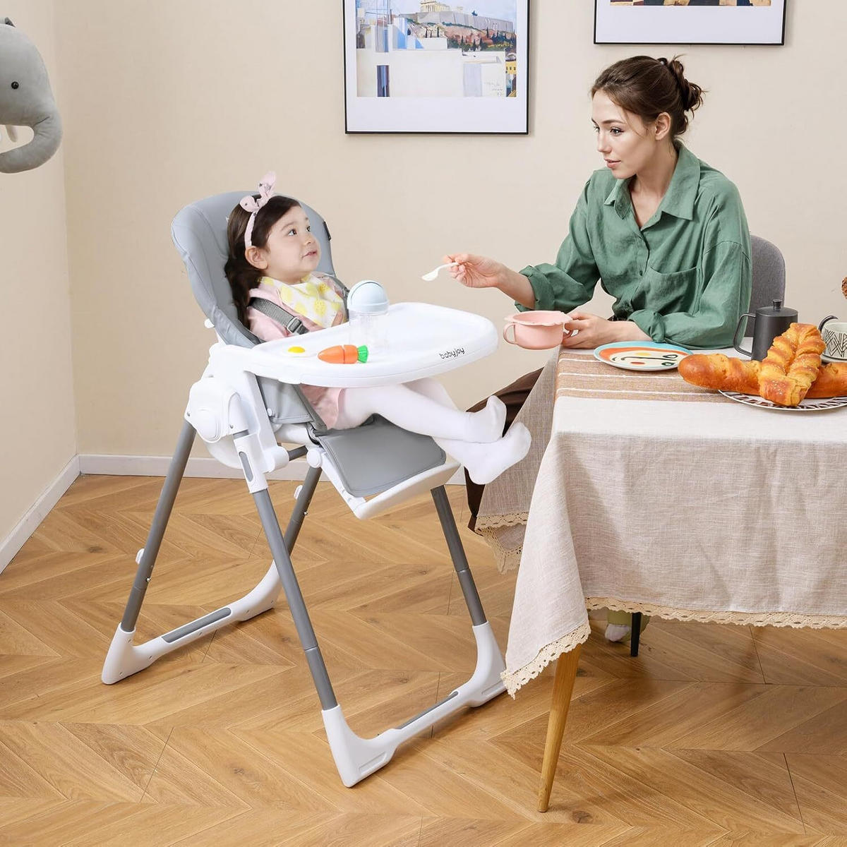 BABYSTUHL mit Spielbügel & Rollen hellgrau - Hellgrau, Metall (72/90.5/54cm) - COSTWAY
