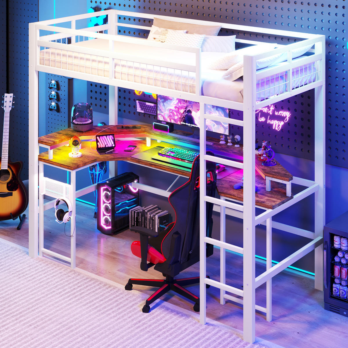 HOCHBETT 90/200 cm mit Schreibtisch, LED-Lichtleiste, USB, Typ-C, Steckdosen und Lochwand, Weiß - Weiß, Metall (90/200cm) - Redom